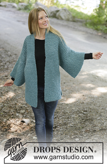 Emerald Isle / DROPS 196-41 - Knitted jacket in DROPS Snow. The piece is worked in garter stitch with shawl collar, split in sides and kimono sleeves. Sizes S - XXXL.