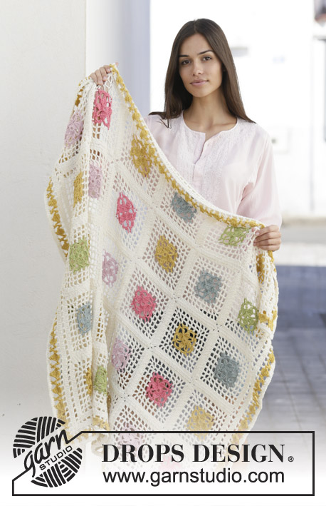 Garden Patches / DROPS 198-3 - Crocheted blanket in DROPS Cotton Merino. The piece is worked with crochet squares in different colours.
