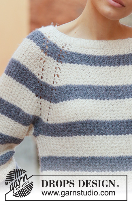 Sjøbris / DROPS 199-1 - Knitted sweater with raglan and stripes in DROPS Sky. The piece is worked top down. Sizes S - XXXL.