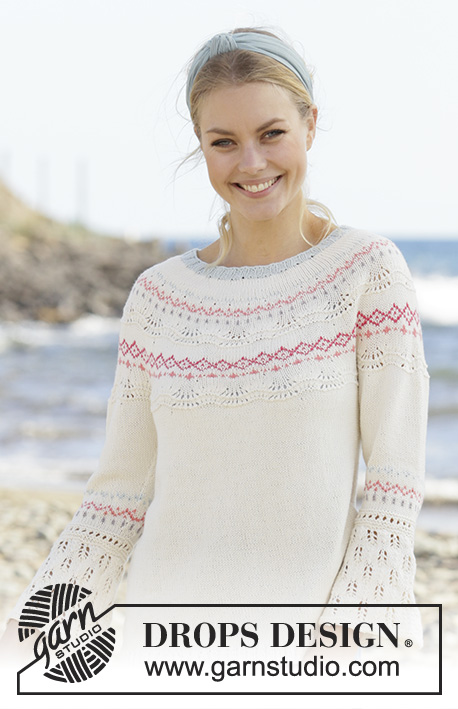 Relaxing in Reykjavik / DROPS 199-12 - Knitted jumper in DROPS Safran. The piece is worked top down with round yoke, Nordic pattern, lace pattern and ¾-length sleeves. Sizes S - XXXL.