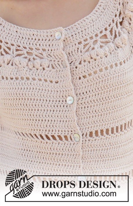 Sandy Shores / DROPS 199-17 - Vestido crochetado de cima para baixo em DROPS Cotton Merino, com encaixe arredondado, ponto rendado, botões e bolsos. Do S ao XXXL