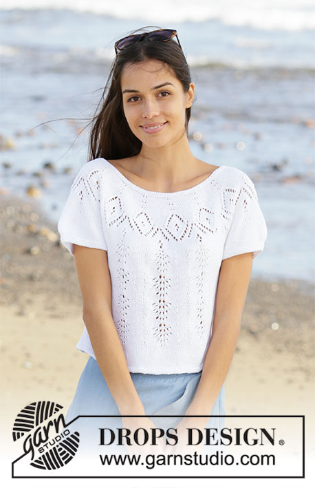 Spring Melt Top / DROPS 199-42 - Knitted top with round yoke in DROPS Safran. The piece is worked top down with lace pattern and short sleeves. Sizes S - XXXL.