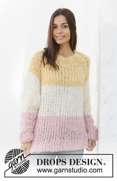 Glassur / DROPS 199-44 - Knitted sweater with stripes and raglan in 3 strands DROPS Melody. The piece is worked top down with split in sides. Sizes S - XXXL.