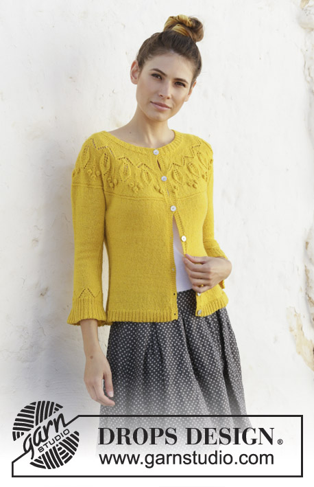 Summer Twinkle / DROPS 200-11 - Knitted jacket with leaf pattern, bobbles, round yoke and ¾-length sleeves. The piece is worked in DROPS Flora, top down. Sizes S - XXXL.