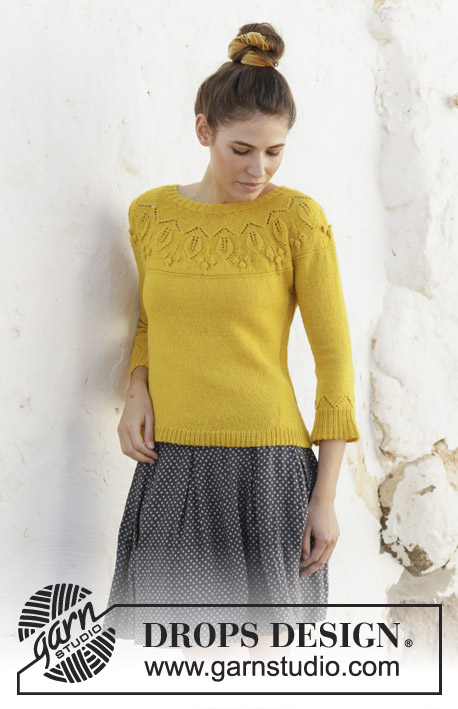 Summer Twinkle Sweater / DROPS 200-12 - Pull tricoté de haut en bas en DROPS Flora, avec point de feuilles, nopes, empiècement arrondi et manches ¾. Du S au XXXL.
