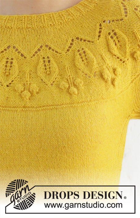 Summer Twinkle Sweater / DROPS 200-12 - Ylhäältä alas neulottu pusero DROPS Flora-langasta. Työssä on lehtikuvioita, nyppyjä, kaarroke ja ¾-pituiset hihat. Koot S-XXXL.