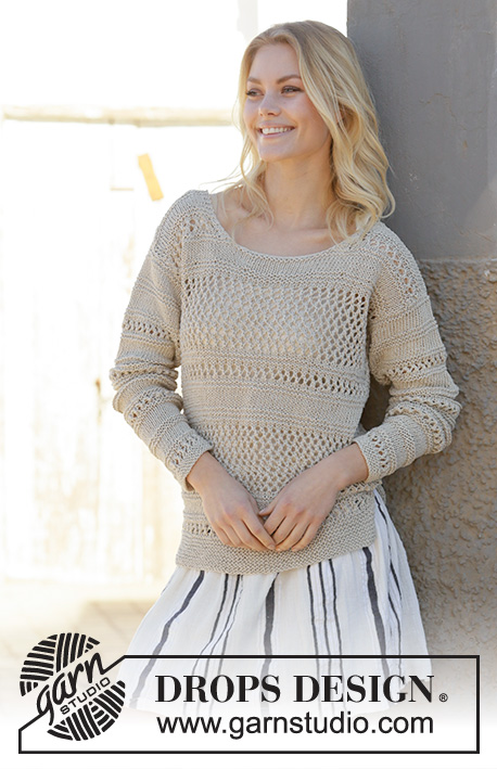 Mahala / DROPS 200-20 - Knitted jumper in DROPS Bomull-Lin or DROPS Paris. The piece is worked with lace pattern and garter stitch. Sizes S – XXXL.