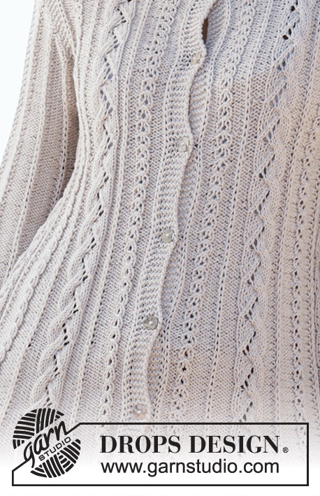 Victoria's Twirl / DROPS 200-8 - Długi sweter na drutach, przerabiany od góry do dołu z włóczki DROPS Cotton Merino, ze ściegiem ażurowym i warkoczami. Od S do XXXL.