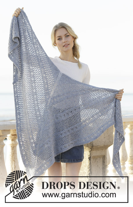 Midnight Mingle / DROPS 201-12 - Knitted shawl in DROPS Sky. The piece is worked with lace pattern and garter stitch.