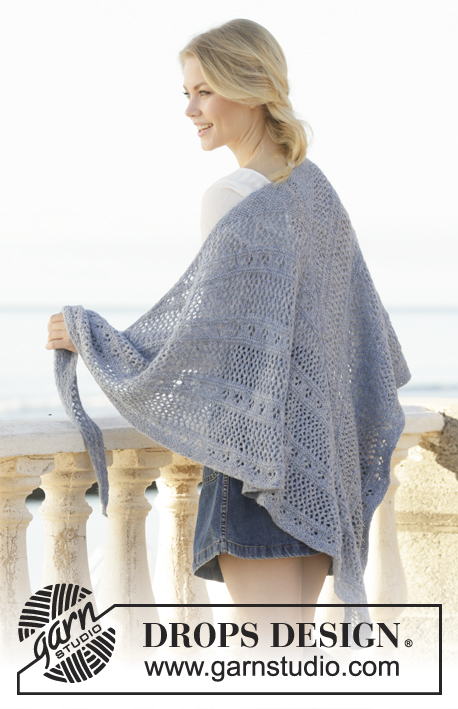 Midnight Mingle / DROPS 201-12 - Knitted shawl in DROPS Sky. The piece is worked with lace pattern and garter stitch.