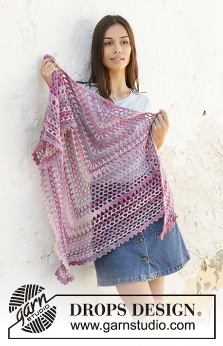 Fields of Joy / DROPS 201-41 - Crocheted shawl in DROPS Big Delight. Piece is crocheted top down with lace pattern.