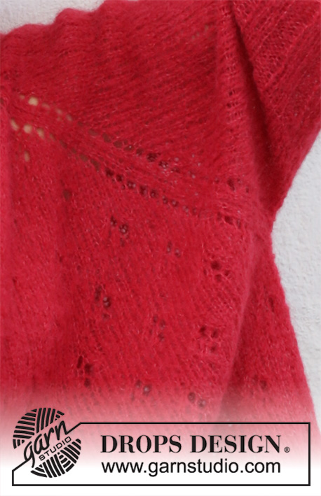 Strawberry Swing / DROPS 202-19 - Raglánový pulovr - pončo s ažurovým vzorem pletený shora dolů z příze DROPS Brushed Alpaca Silk. Velikost S - XXXL.
