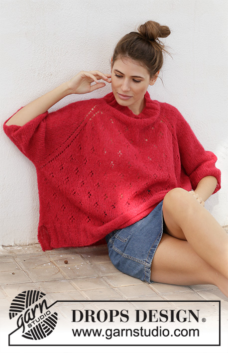 Strawberry Swing / DROPS 202-19 - Knitted poncho jumper with raglan in DROPS Brushed Alpaca Silk. Piece is knitted top down with lace pattern. Size: S - XXXL