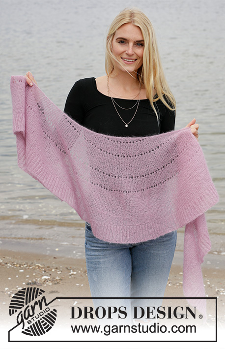 Cheers to Spring / DROPS 203-20 - Knitted shawl in DROPS Kid-Silk. Piece is knitted top down with garter stitch, eyelet rows and English rib.