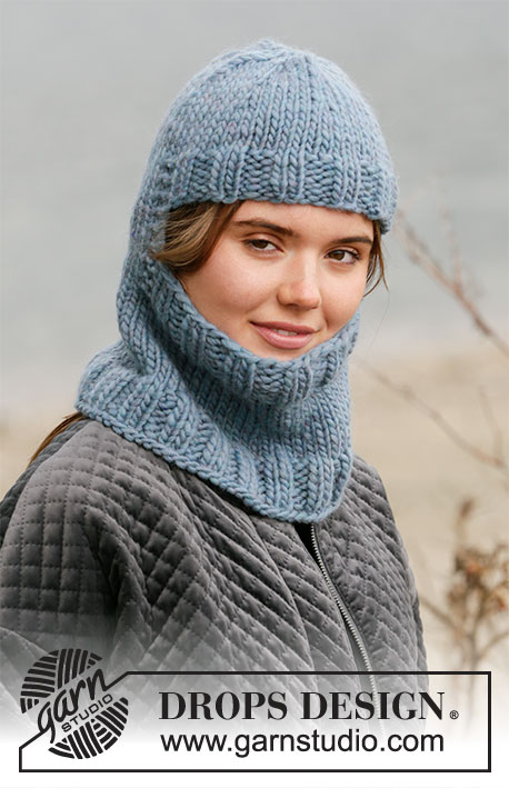 Winter Knights / DROPS 204-21 - Bonnet tricoté / Cagoule tricotée avec côtes, en DROPS Snow. Du S au XL