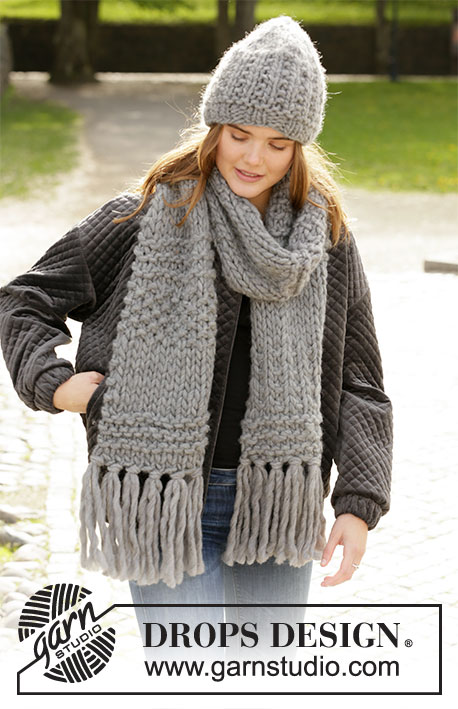 Celebrate Winter / DROPS 204-45 - Gorro e cachecol tricotados em ponto texturado, em DROPS Polaris.
