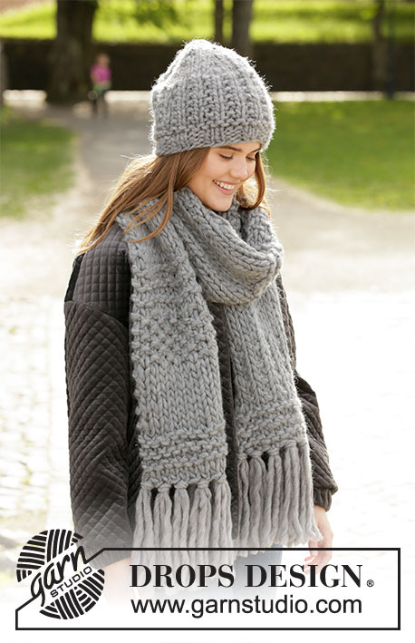 Celebrate Winter / DROPS 204-45 - Bonnet et écharpe tricotés en point texturé, en DROPS Polaris