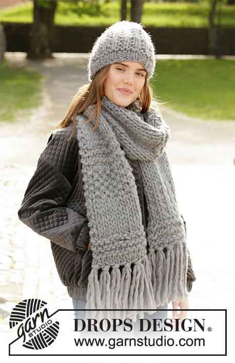 Celebrate Winter / DROPS 204-45 - Bonnet et écharpe tricotés en point texturé, en DROPS Polaris