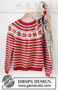 Candy Cane Lane / DROPS 205-22 - Sweter na drutach, przerabiany od góry do dołu, z zaokrąglonym karczkiem i żakardem norweskim 'fana', z włóczki DROPS Karisma lub Lima. Od S do XXXL.