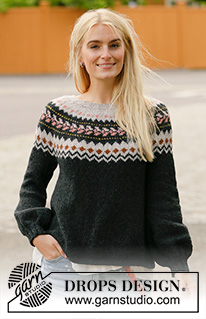 After Midnight Sweater / DROPS 205-27 - Sweter na drutach od góry do dołu z zaokrąglonym karczkiem i żakardem norweskim, z włóczki DROPS Sky. Od S do XXXL.
