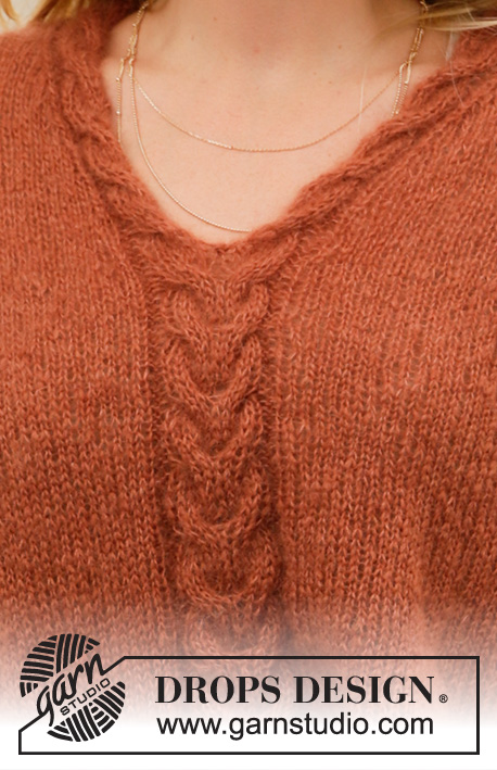 Golden Fall / DROPS 205-37 - Sweter na drutach z warkoczami, dekoltem w kształcie litery V i szalowym kołnierzem, 2 nitkami DROPS Kid-Silk lub 1 nitką włóczki DROPS Brushed Alpaca Silk. Od S do XXXL.