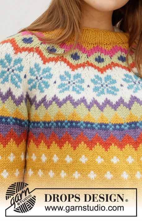 Winter Escape / DROPS 205-4 - Sweter na drutach przerabiany od góry do dołu, z zaokrąglonym karczkiem i żakardem norweskim, z włóczki DROPS Nepal. Od S do XXXL.