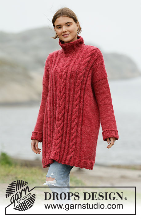 Winter Cardinal / DROPS 205-47 - Knitted long sweater in DROPS Nepal and DROPS Kid-Silk. Piece is knitted with cables and high collar. Size XS – XXXL.