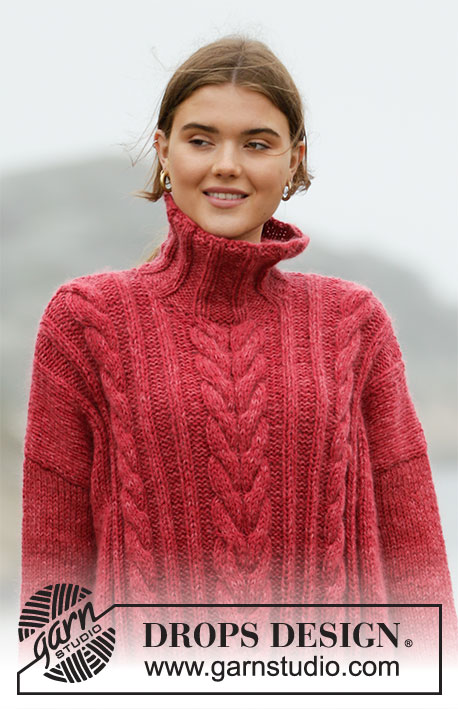Winter Cardinal / DROPS 205-47 - Knitted long sweater in DROPS Nepal and DROPS Kid-Silk. Piece is knitted with cables and high collar. Size XS – XXXL.