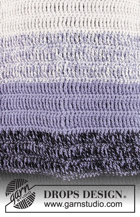 Purple Dawn / DROPS 206-13 - 2 DROPS Alpaca lõngaga ülevalt alla heegeldatud raglaan varrukatega triibuline džemper suurustele S kuni XXXL