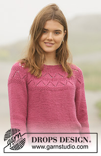 Frambuesa Sweater / DROPS 206-16 - Jersey de punto en DROPS Nepal. La prenda está realizada de arriba abajo con patrón de calados y punto musgo en el canesú. Tallas S-XXXL