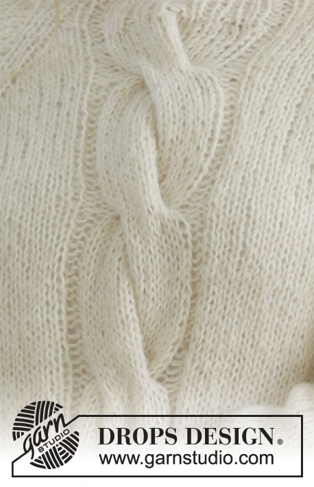 Snow Scents / DROPS 206-43 - Stickad tröja med raglan i DROPS Brushed Alpaca Silk och DROPS Nord. Arbetet stickas uppifrån och ner med fläta mitt fram. Storlek S - XXXL.