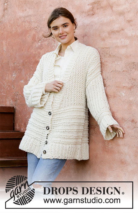 Whiteout Jacket / DROPS 206-44 - Knitted jacket with open ridges, false English rib and V-neck in DROPS Andes. Size: S - XXXL