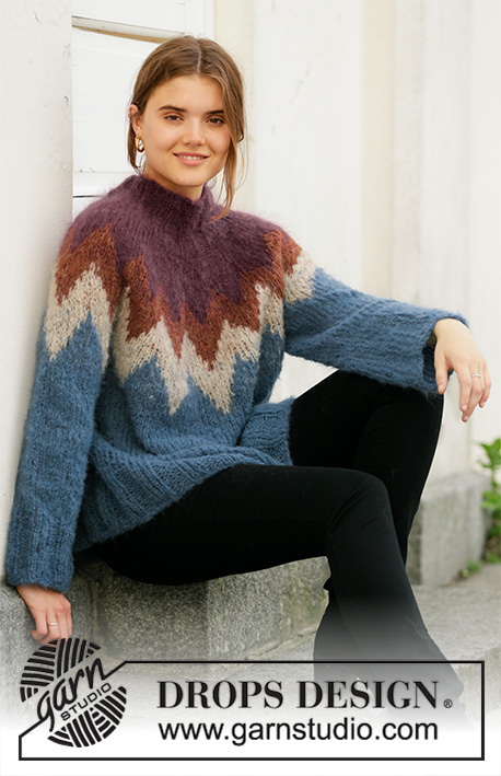 Morocco Love / DROPS 206-5 - Sweter na drutach przerabiany od góry do dołu, z zaokrąglonym karczkiem żakardem norweskim, z włóczki DROPS Melody. Od S do XXXL.