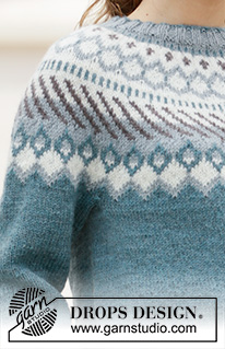 Crisp Air Sweater / DROPS 207-14 - Sweter na drutach przerabiany od góry do dołu, z zaokrąglonym karczkiem i żakardem norweskim, z włóczki DROPS Karisma. Od S do XXXL.