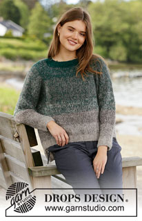 Forest Shadows Sweater / DROPS 207-15 - 3 DROPS Brushed Alpaca Silk lõngaga ülevalt alla kootud raglaan varrukatega ja triipudega džemper suurustele S kuni XXXL