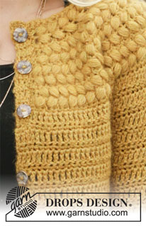 Autumn Gold Jacket / DROPS 207-20 - Rozpinany sweter na szydełku przerabiany z góry na dół, z włóczek DROPS Sky i DROPS Kid-Silk, z zaokrąglonym karczkiem z bufkami (puff stitch). Od S do XXXL.