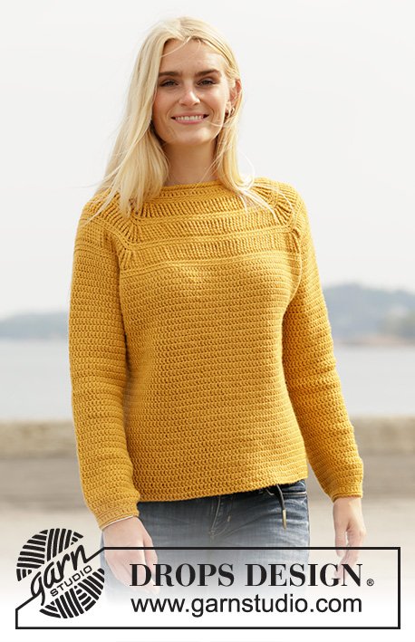 Sunny Trails / DROPS 207-28 - Crocheted jumper with raglan in DROPS Lima. The piece is worked top down with stripes in texture with quintuple-treble crochets. Sizes S - XXXL.