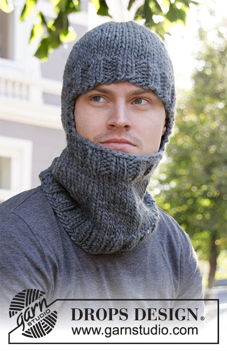 Winter Knights / DROPS 208-12 - Knitted hat / hoodie hat for men in DROPS Snow with rib and neck. Size S-XL