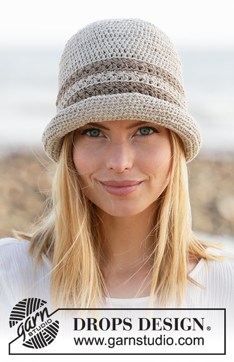 Crisp Summer / DROPS 209-10 - Crochet hat with star-pattern in DROPS Bomull-Lin. The piece is worked top down with half-treble crochets and a star-pattern in stripes.
