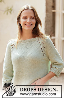 Mint Tea Sweater / DROPS 210-19 - Raglánový pulovr s ažurovým vzorem pletený shora dolů z příze DROPS Paris. Velikost XS - XXL.