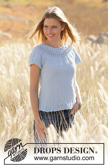 Cornflower Top / DROPS 210-31 - Knitted top with round yoke in DROPS Paris. Piece is knitted top down with garter stitch and rib. Size: S - XXXL