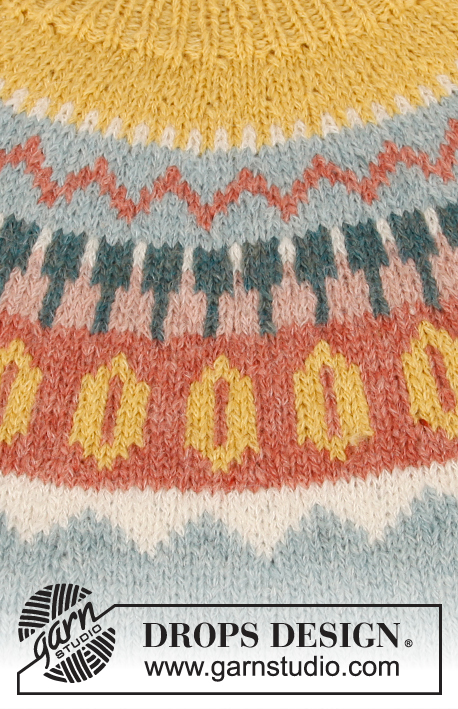 Retro beauty / DROPS 210-6 - Gebreide trui met ronde pas in DROPS Sky. Het werk wordt van boven naar beneden gebreid met veelkleurig patroon. Maten S - XXXL.