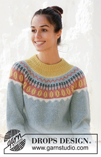 Retro beauty / DROPS 210-6 - Knitted jumper with round yoke in DROPS Sky. The piece is worked top down with multi-coloured pattern. Sizes S - XXXL.