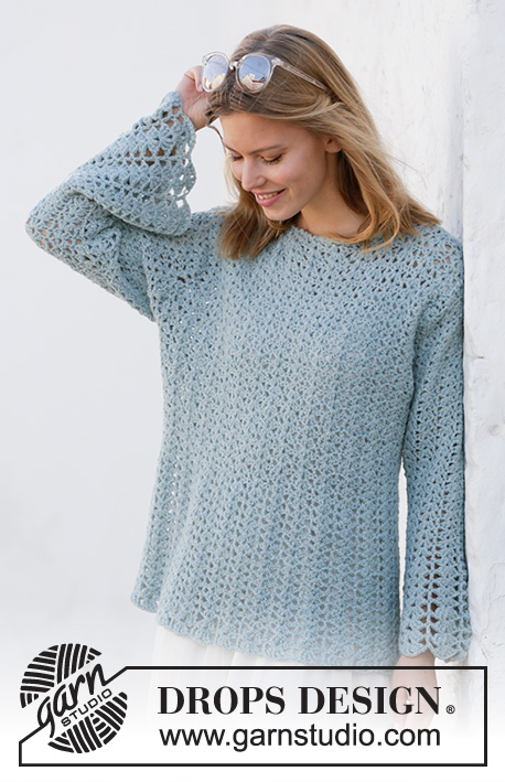 Mermaid Magic / DROPS 210-7 - Crocheted sweater in DROPS Sky. Piece is crocheted top down with A-shape, fan pattern and wing sleeves. Size XS/S - XXXL.
