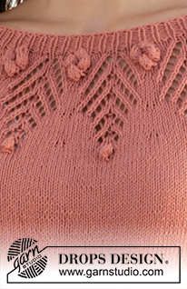 Copper Rose / DROPS 212-10 - Knitted sweater in DROPS Safran. Piece is knitted top down with round yoke, raglan, lace pattern on yoke and ¾ long sleeves. Size XS–XXL.