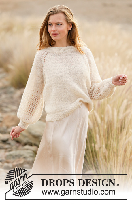 Cloud's Hug / DROPS 212-13 - Knitted jumper with raglan in DROPS Brushed Alpaca Silk. Piece is knitted top down with lace pattern and balloon sleeves. Size XS – XXL.