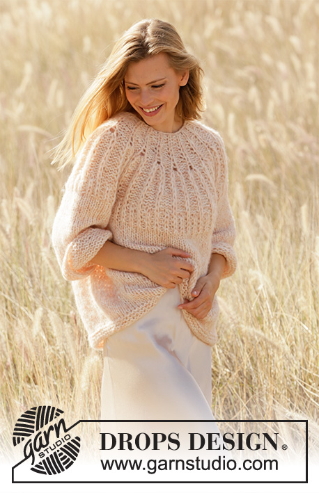 Summer Peach / DROPS 212-26 - Knitted sweater in DROPS Air and DROPS Brushed Alpaca Silk. Piece is knitted top down with Fisherman’s rib stitches on yoke and ¾ sleeves. Size XS – XXXL.