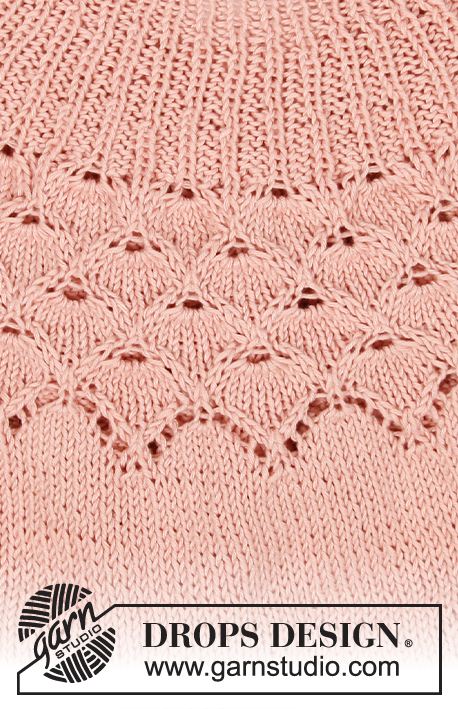 Alberta Rose / DROPS 212-5 - Strikket genser med rundfelling i DROPS Safran. Arbeidet strikkes ovenfra og ned med hullmønster, bladmønster og ¾ lange ermer. Størrelse S - XXXL.
