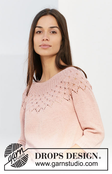 Alberta Rose / DROPS 212-5 - Knitted jumper with round yoke in DROPS Safran. The piece is worked top down with lace pattern, leaf pattern and ¾-length sleeves. Sizes S - XXXL.