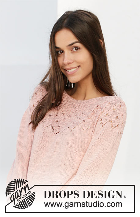 Alberta Rose / DROPS 212-5 - Knitted sweater with round yoke in DROPS Safran. The piece is worked top down with lace pattern, leaf pattern and ¾-length sleeves. Sizes S - XXXL.
